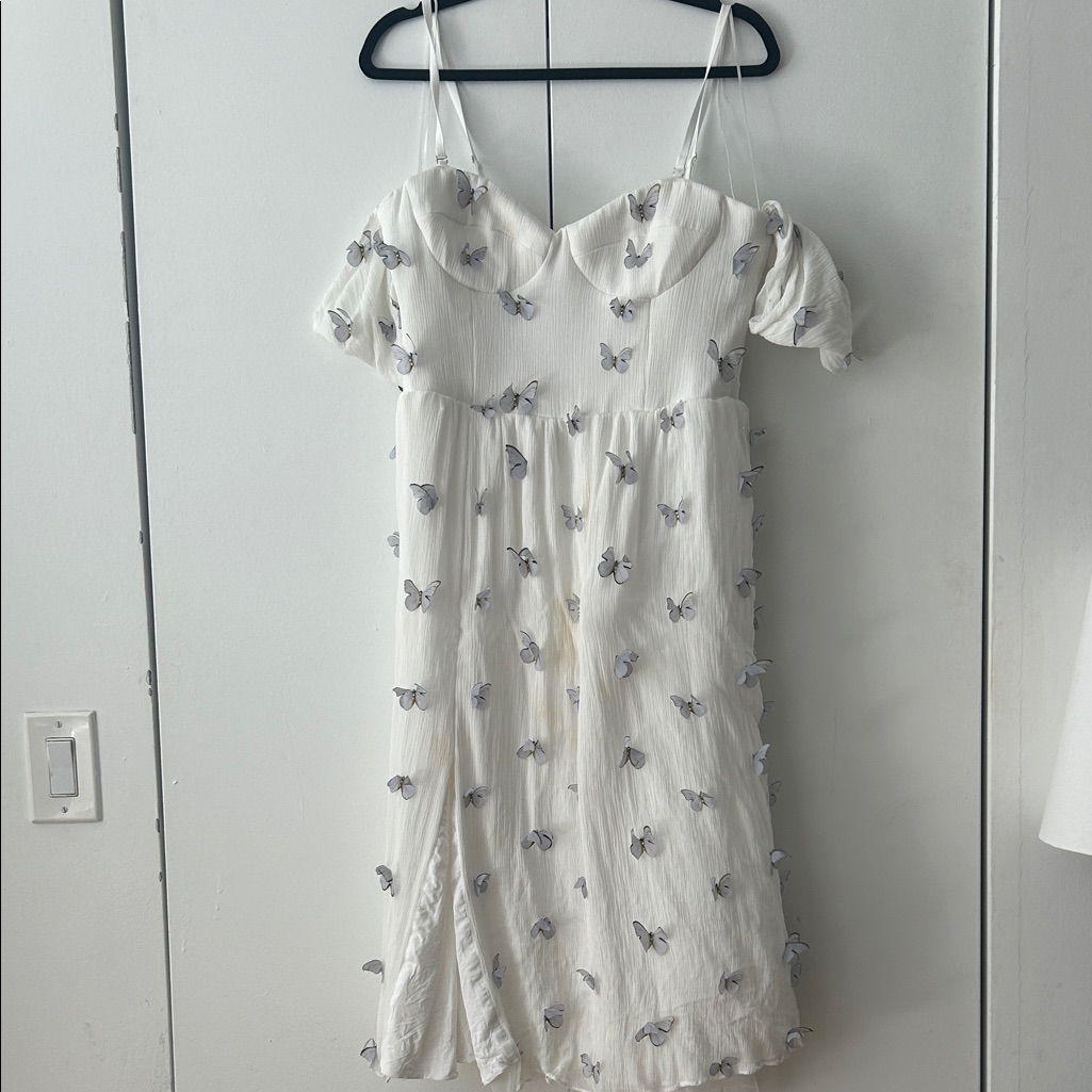 Dress The Population White Midi Dress With Gray Butterfly Accents
